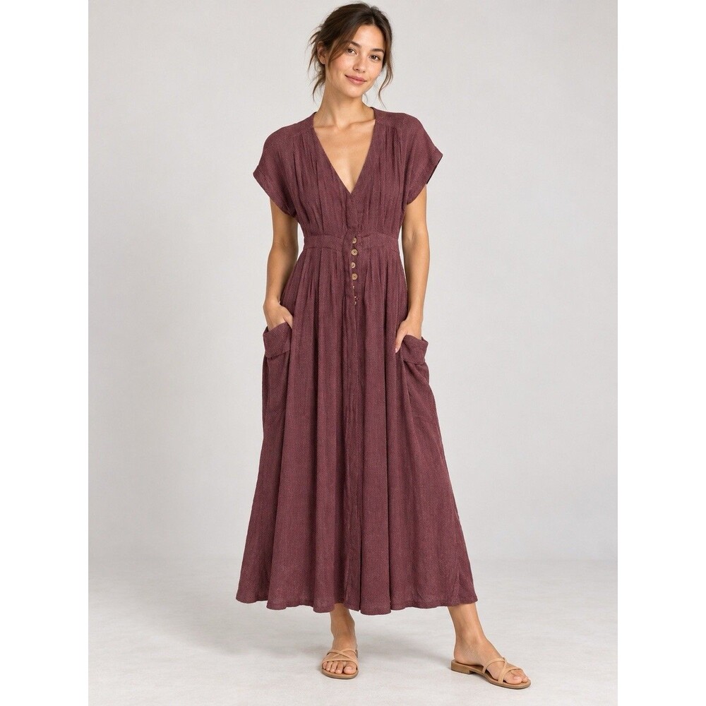 Free People Jacinta Open Back Dress XS Plum Button Front Pockets D